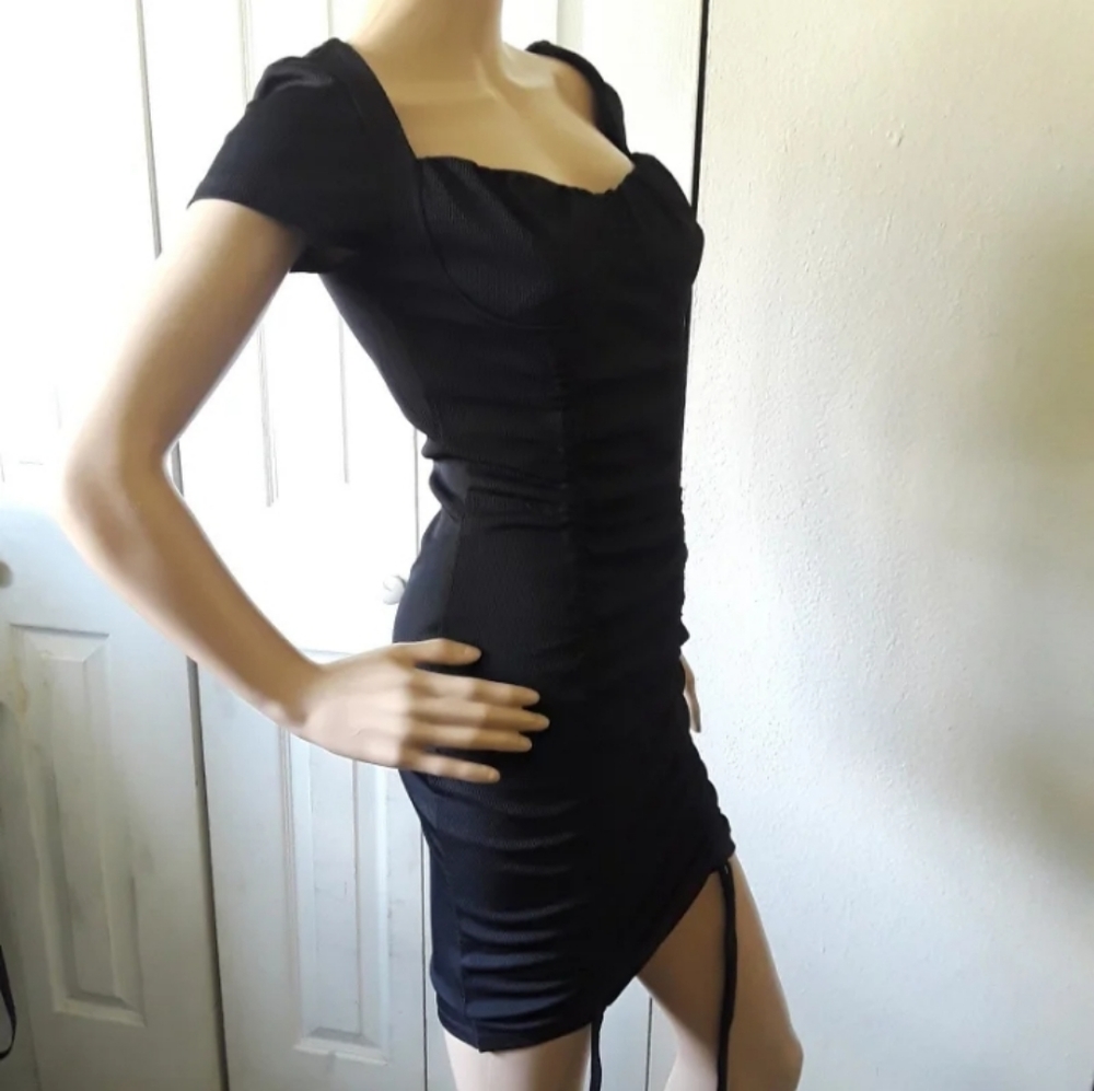 NWT Black Ruched Drawstring Mini Dress - Picture 3 of 4